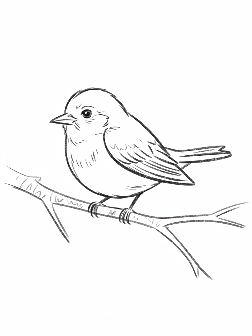 Sketch Ideas for Beginners, a simple black and white line drawing of a small bird perched on a branch with clean curves, varied line weight, and light feather details
