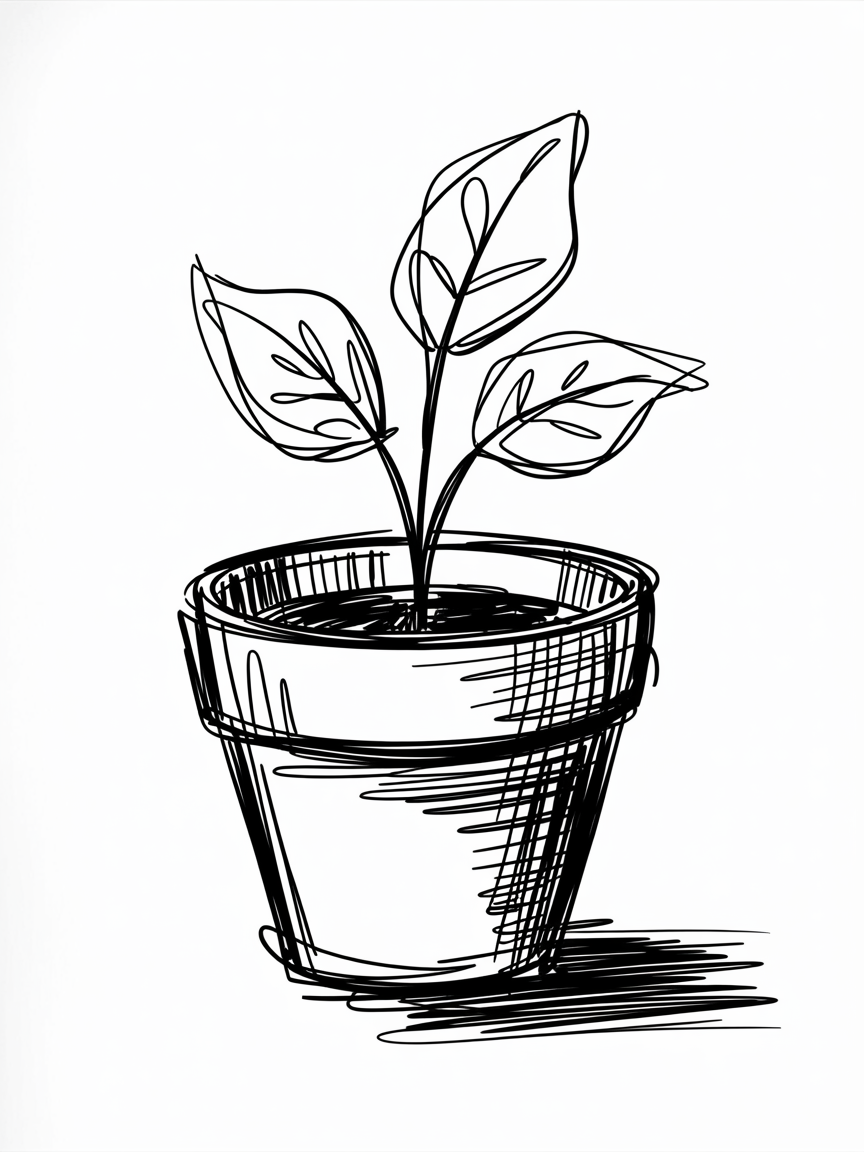 Sketch Ideas for Beginners shows a simple black ink sketch of a small plant in a pot with crosshatching on the rim and a soft cast shadow.