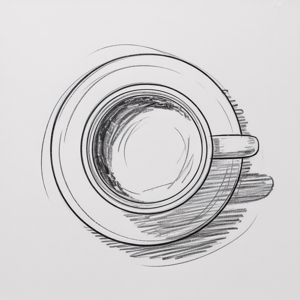 Sketch Ideas for Beginners shows a top-down pencil sketch of a coffee cup and saucer, with clean ellipses, soft hatching, and a gentle cast shadow.