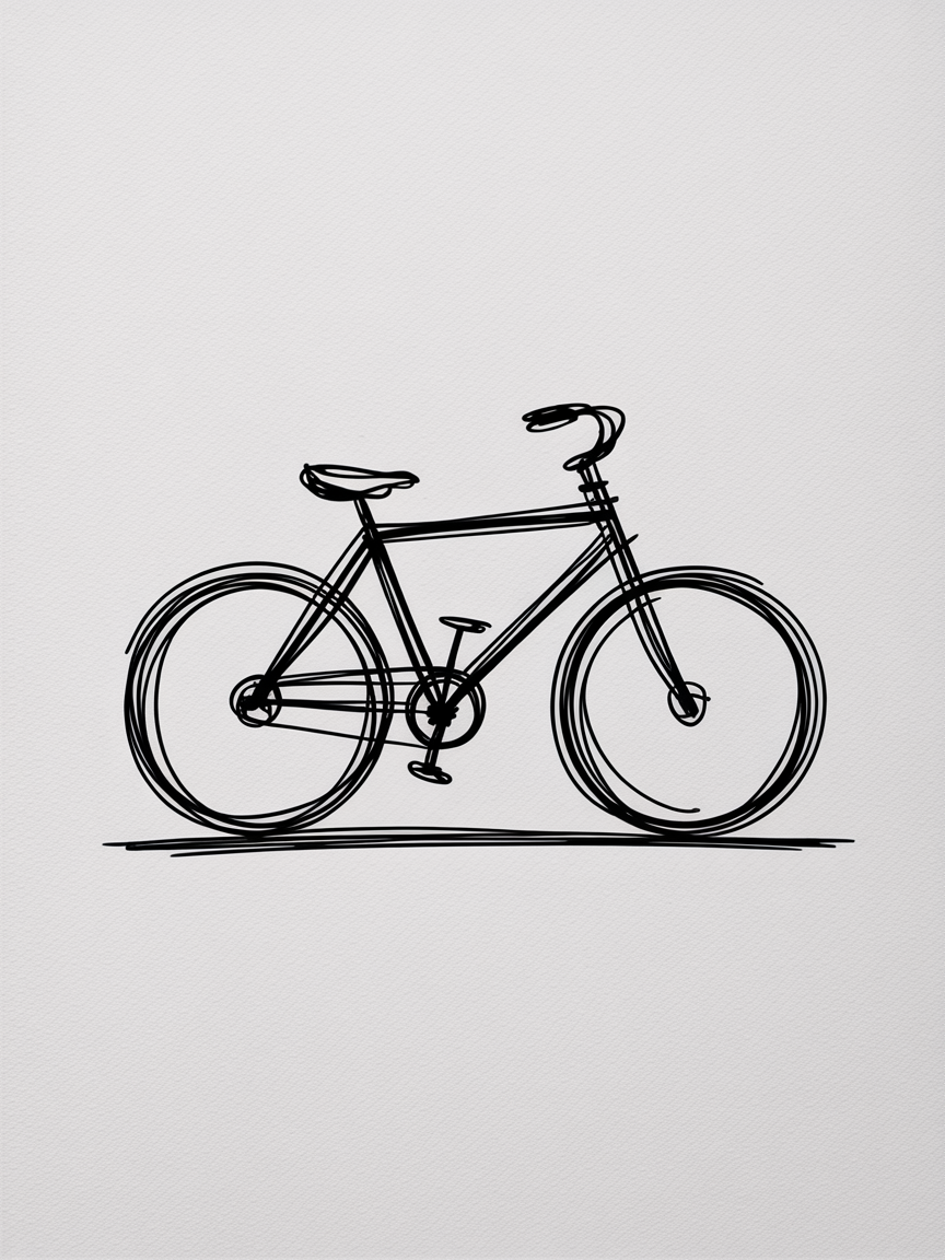 Sketch Ideas for Beginners, a minimalist black line drawing of a bicycle with layered circular strokes for wheels on white textured paper.