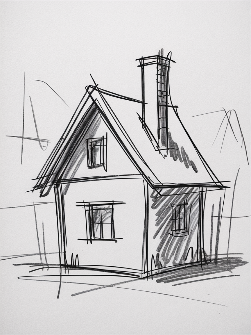 Sketch Ideas for Beginners, a simple black line sketch of a small cottage with a gabled roof, chimney, and light hatching that suggests depth and perspective.