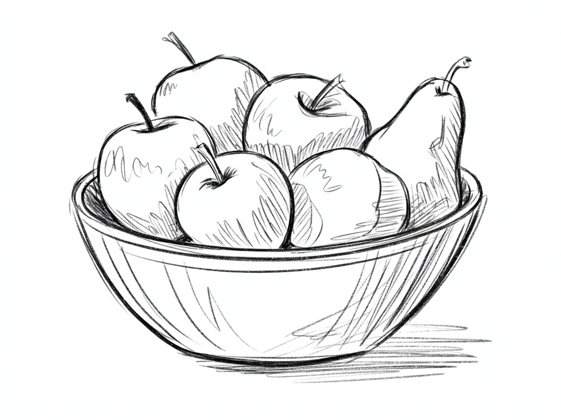 Sketch Ideas for Beginners, pencil sketch of a bowl with apples and a pear, with hatch shading and a soft cast shadow.