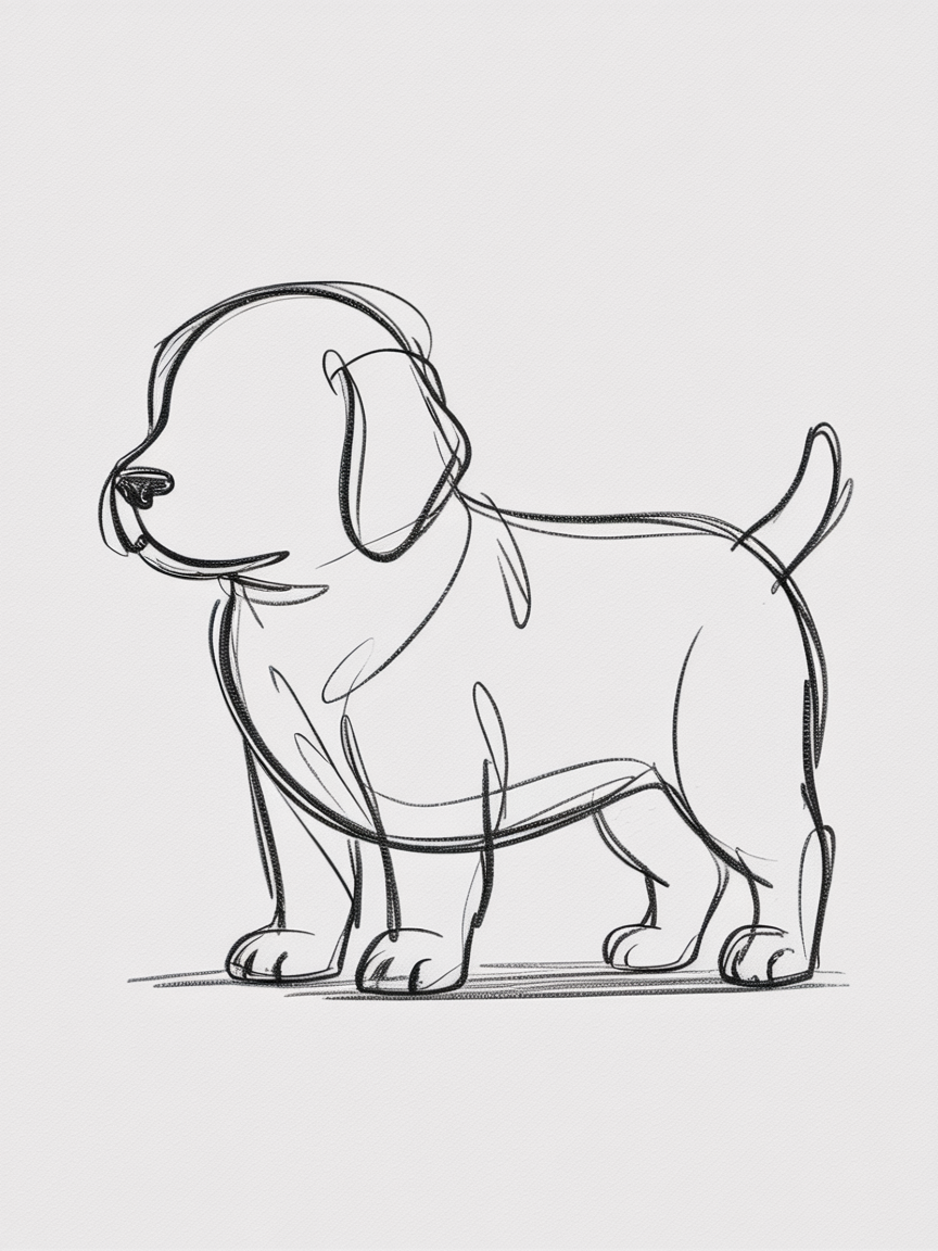 Sketch Ideas for Beginners, a clean line drawing of a chubby puppy with rounded shapes, minimal details, and a light ground shadow.