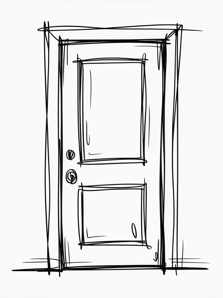 Sketch Ideas for Beginners, a loose black line drawing shows a paneled door with two knobs, drawn with overlapping strokes on a white background.