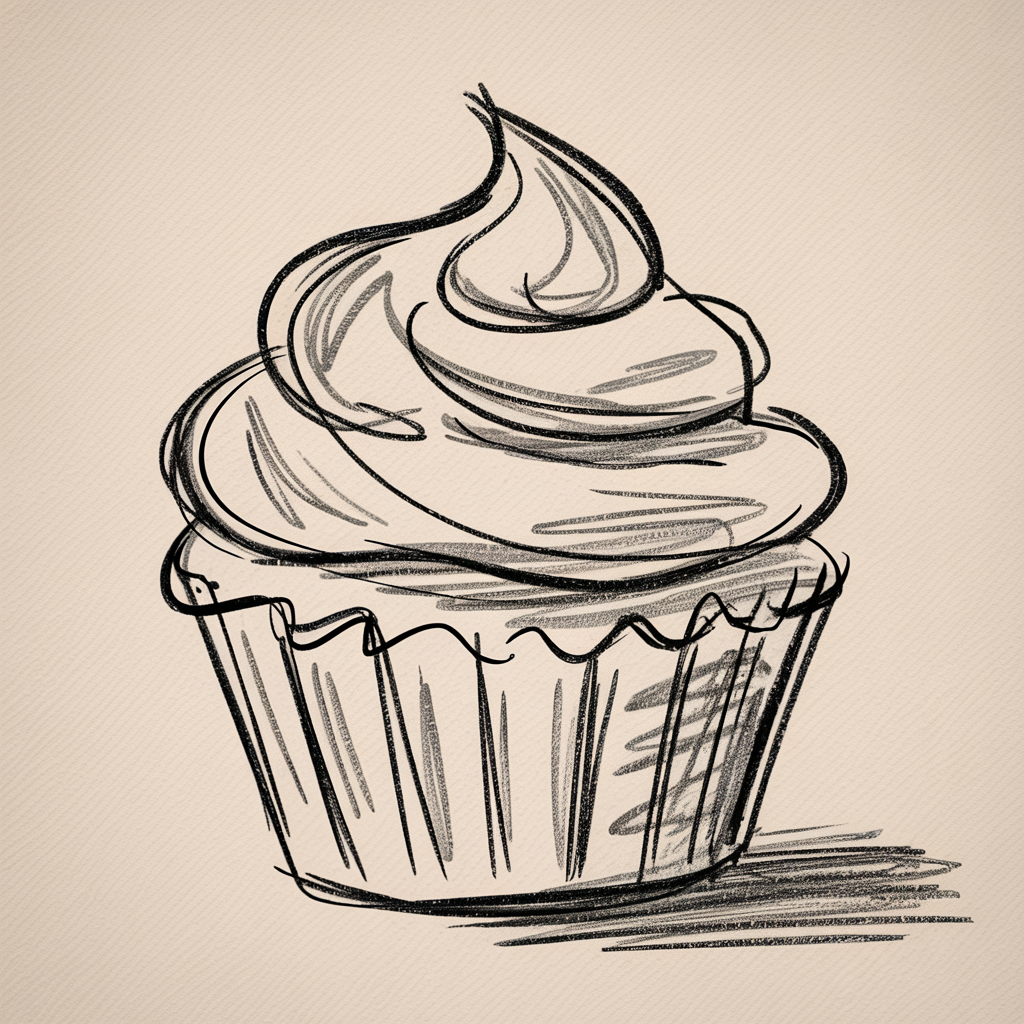 Sketch Ideas for Beginners cupcake line drawing with swirled frosting, a crinkled paper wrapper, and a soft shadow on warm textured paper.