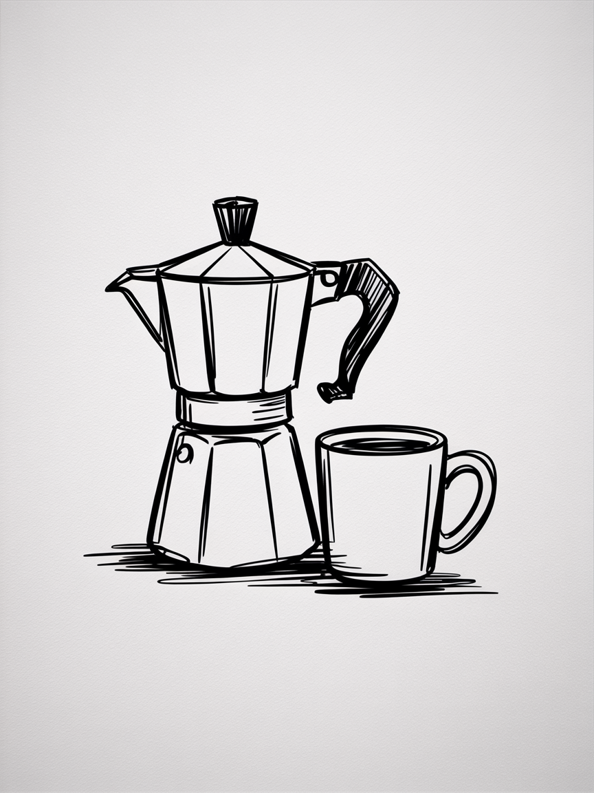 Sketch Ideas for Beginners, a simple black line drawing of a moka pot beside a coffee mug on a white background.