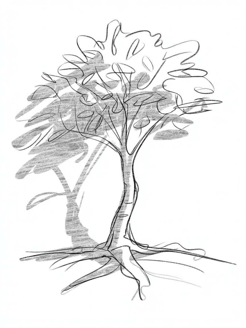 Sketch Ideas for Beginners: a loose pencil drawing of a tree with scribbled leaves, soft shading, long roots, and a left-side shadow.