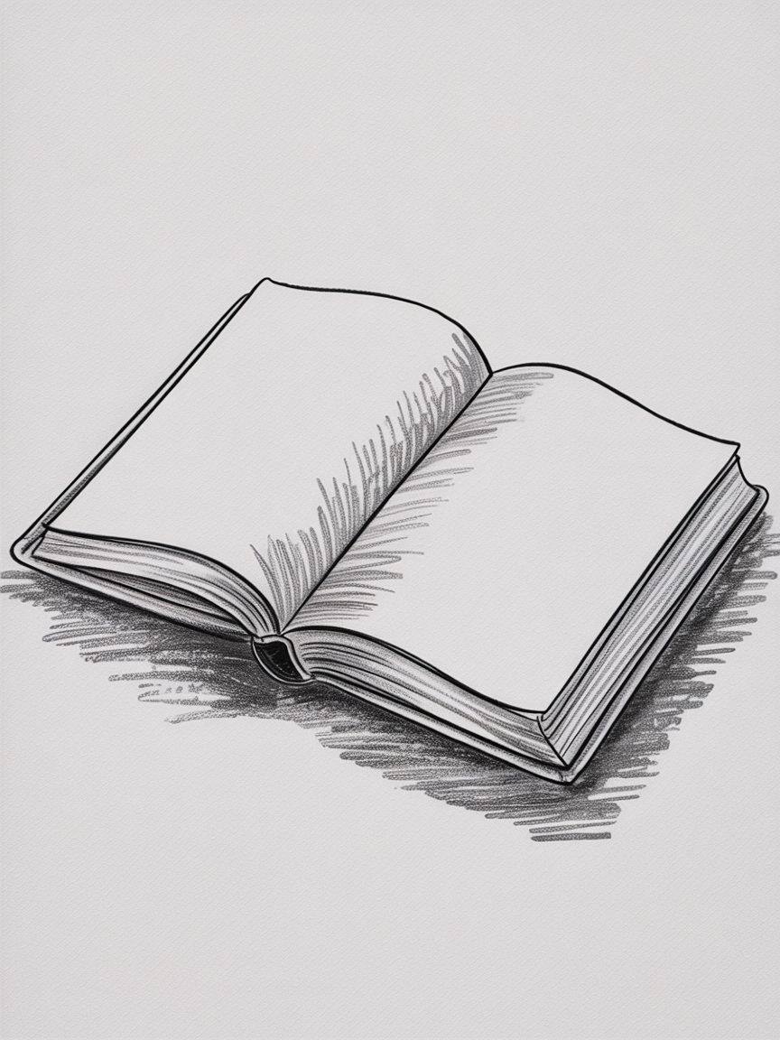 Sketch Ideas for Beginners, a clean pencil sketch of an open book tilted slightly with curved pages and soft shadows on a plain background.