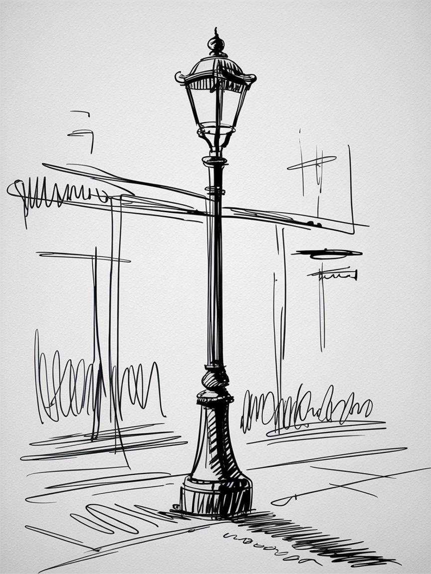 Sketch Ideas for Beginners: a loose black ink drawing of a vintage streetlamp at a corner, with simple building lines and a long cast shadow.