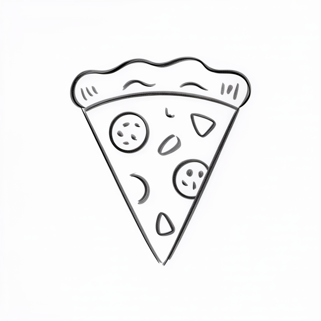Sketch Ideas for Beginners, a simple line drawing of a playful pizza slice with bold outlines and minimal toppings on a clean white background.