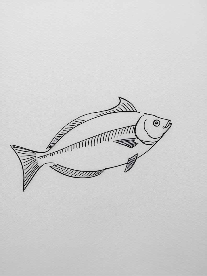 Sketch Ideas for Beginners a simple black line drawing of a fish on white paper, centered with smooth contours and subtle hatching on the fins and belly.