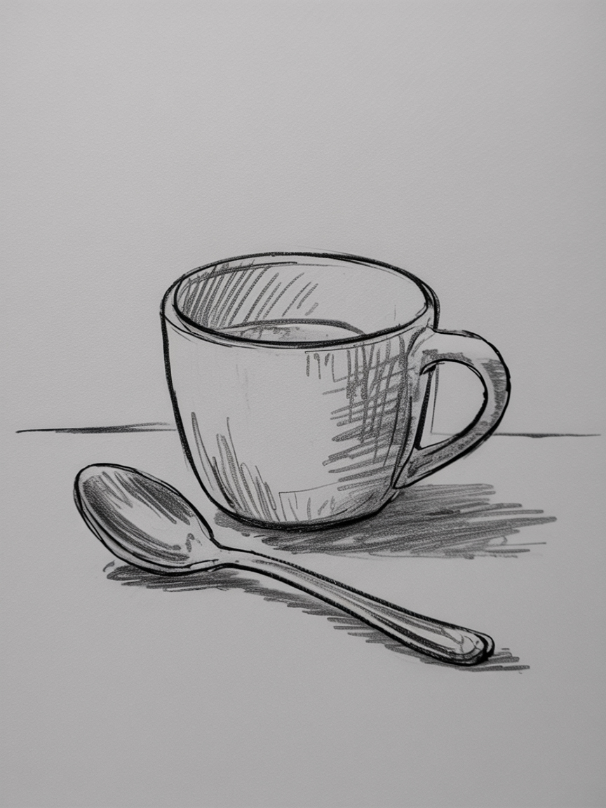 Sketch Ideas for Beginners: a simple black and white sketch of a cup and spoon on a table with crosshatching shadows and light reflections.