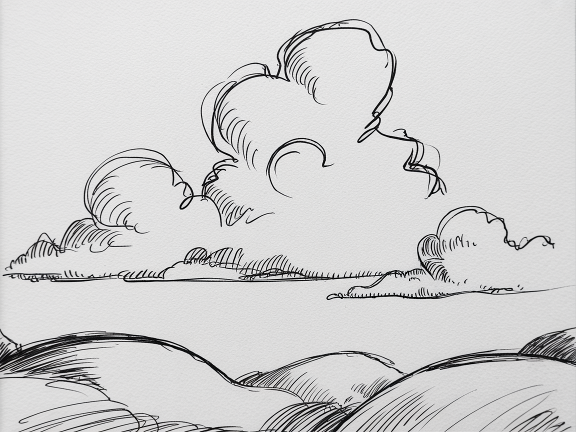 Sketch Ideas for Beginners, an ink line drawing of billowy clouds above rounded hills with light hatching on textured paper.