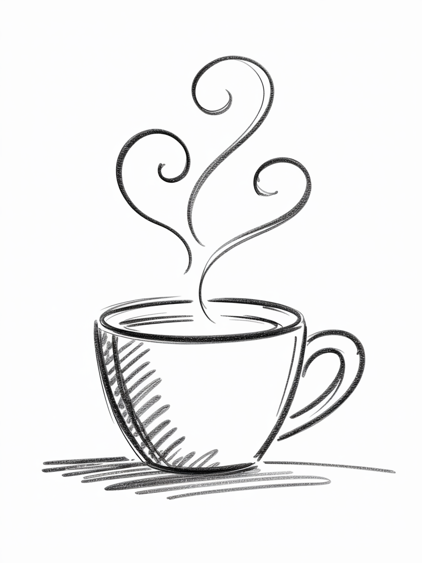 Sketch Ideas for Beginners, a simple black and white sketch of a coffee cup with a curved handle and curling steam, shaded with light hatching on a clean white background.