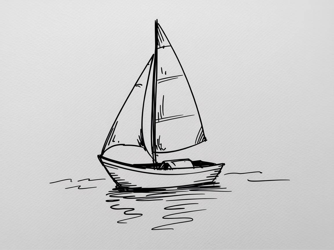 Sketch Ideas for Beginners, a simple black ink drawing of a small sailboat with triangular sails and rippling water on white textured paper.