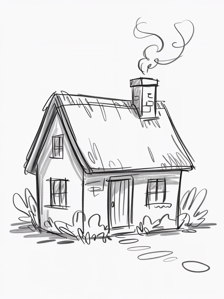Sketch Ideas for Beginners, a simple line drawing of a small cottage with a chimney puffing smoke, angled roof, windows, bushes, and light shading.
