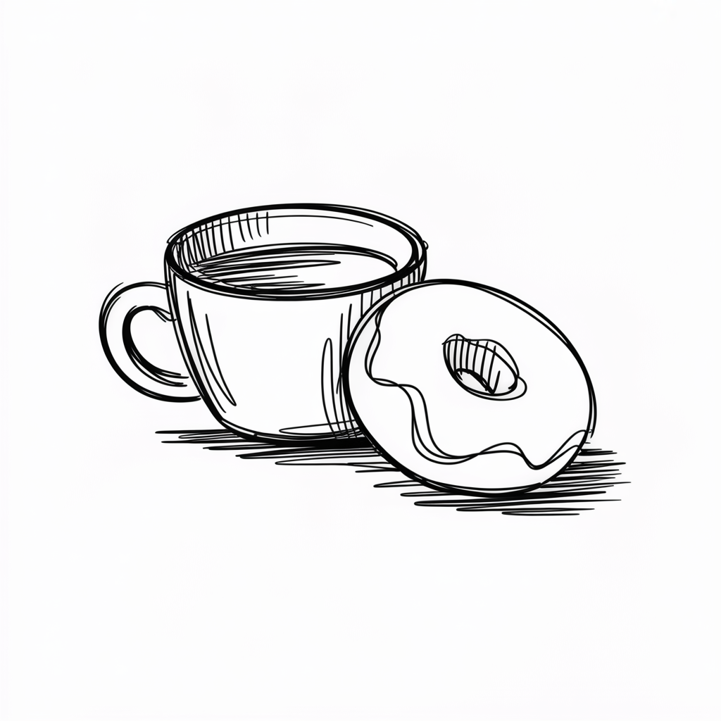 Sketch Ideas for Beginners presents a black and white line drawing of a coffee cup beside a donut, shaded with simple hatching.