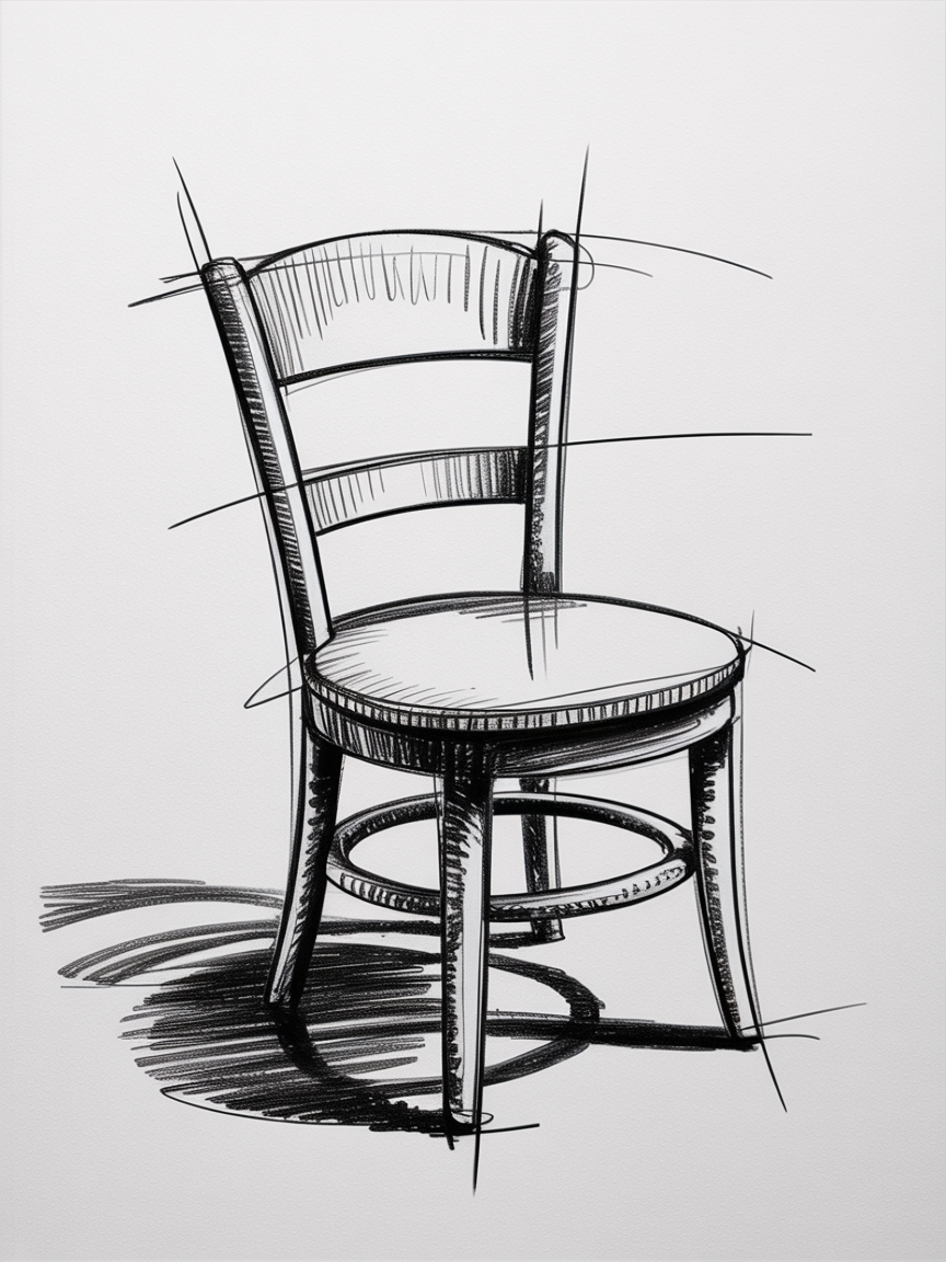 Sketch Ideas for Beginners, a black ink line drawing of a wooden chair with a curved back, round seat, and a cast shadow on a white background.