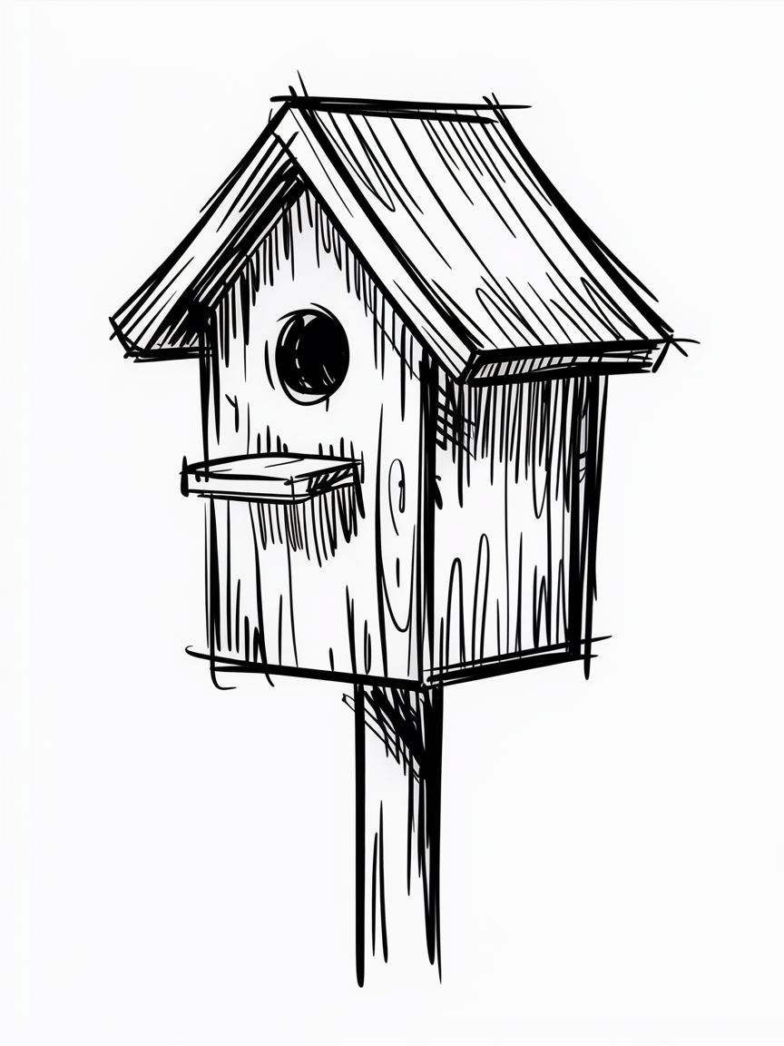 Sketch Ideas for Beginners: simple ink sketch of a wooden birdhouse on a post with hatching for texture and a round entrance hole.