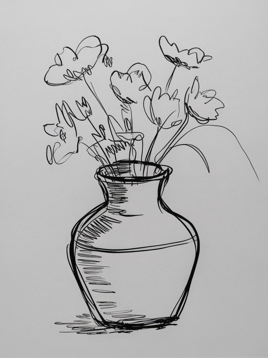 Sketch Ideas for Beginners, a loose ink line drawing of a curvy vase with simple flowers and light hatching on white paper