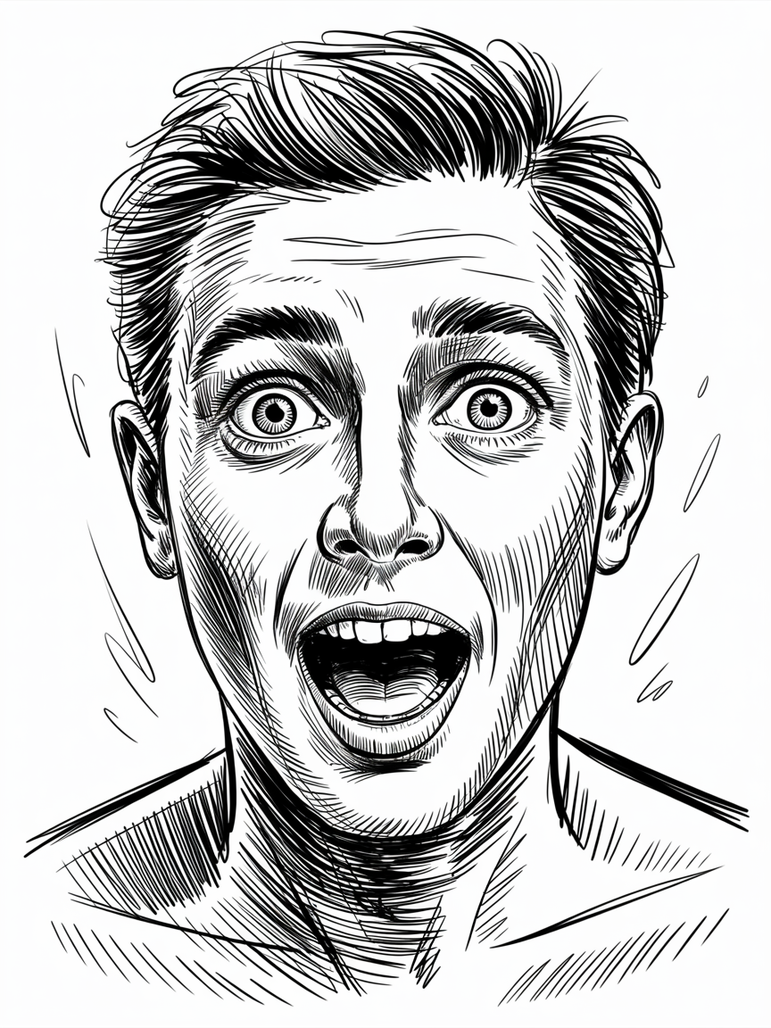 30x Unleash Your Imagination: Exciting Sketch Ideas Pen Enthusiasts Will Love 2025! 4 Sketch Ideas Pen, black and white ink portrait of a surprised face with wide eyes and open mouth, bold crosshatching for shadows on a clean white background