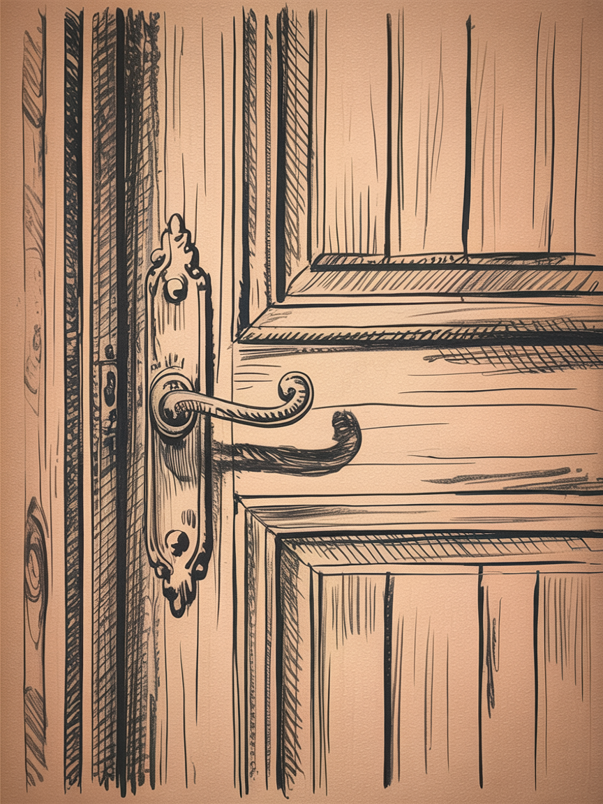 30x Unleash Your Imagination: Exciting Sketch Ideas Pen Enthusiasts Will Love 2025! 6 Sketch Ideas Pen close-up sepia ink drawing of an ornate wooden door handle with panel bevels, wood grain, and crosshatched shadows.