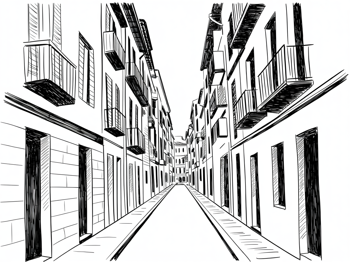 30x Unleash Your Imagination: Exciting Sketch Ideas Pen Enthusiasts Will Love 2025! 7 Sketch Ideas Pen, black and white line art of a narrow street in one-point perspective with balconies and windows on both sides.