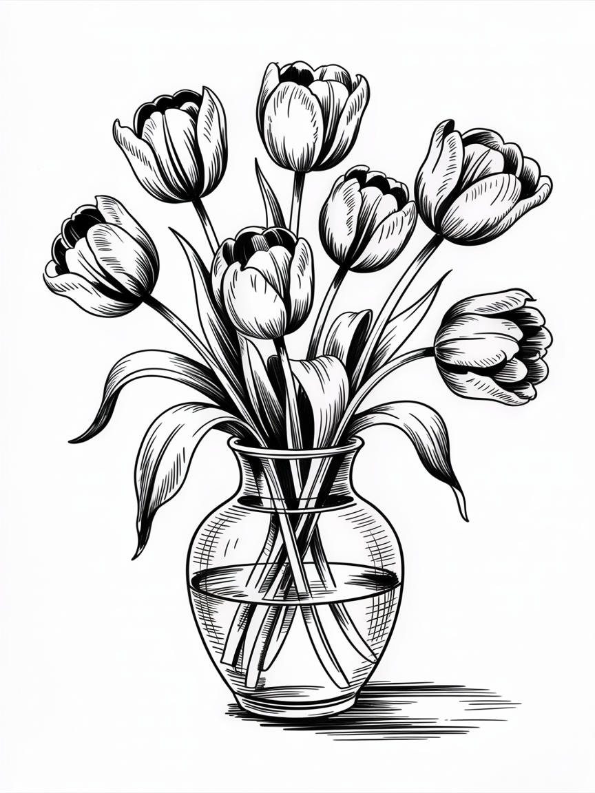 30x Unleash Your Imagination: Exciting Sketch Ideas Pen Enthusiasts Will Love 2025! 9 Sketch Ideas Pen black-and-white ink drawing of tulips in a glass vase with water and a small cast shadow on white.