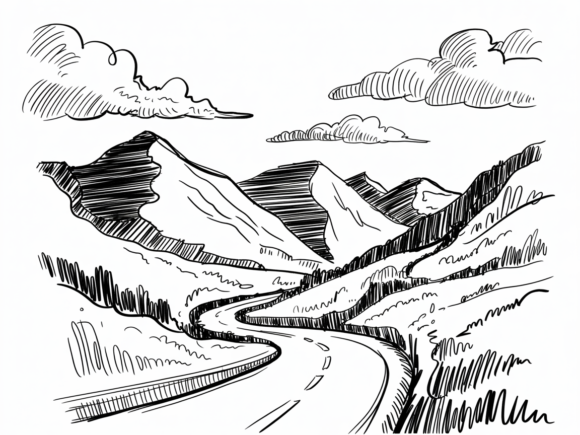 30x Unleash Your Imagination: Exciting Sketch Ideas Pen Enthusiasts Will Love 2025! 11 Sketch Ideas Pen, a winding road curves through rolling hills toward snowy mountains under striped clouds, drawn in black ink with hatching.