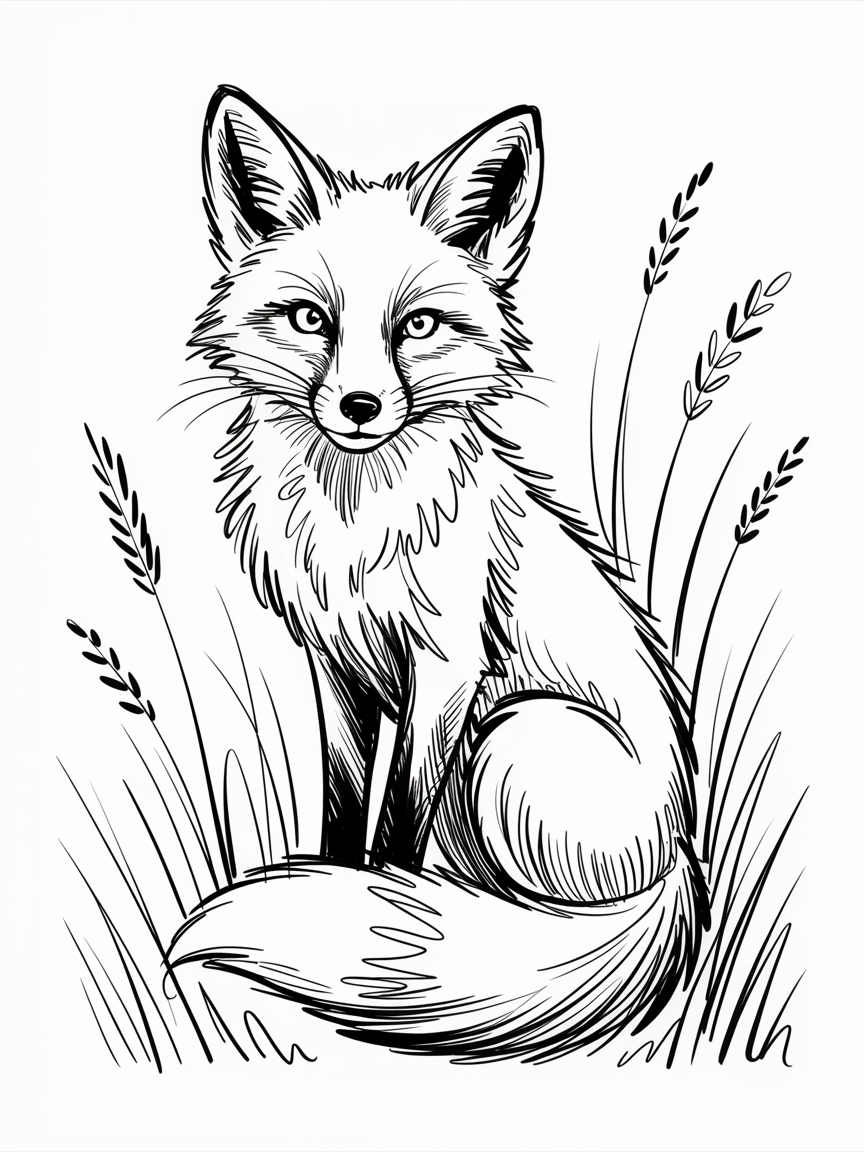 30x Unleash Your Imagination: Exciting Sketch Ideas Pen Enthusiasts Will Love 2025! 13 Sketch Ideas Pen, black ink drawing of a seated fox with a fluffy tail framed by tall grass on a white background.