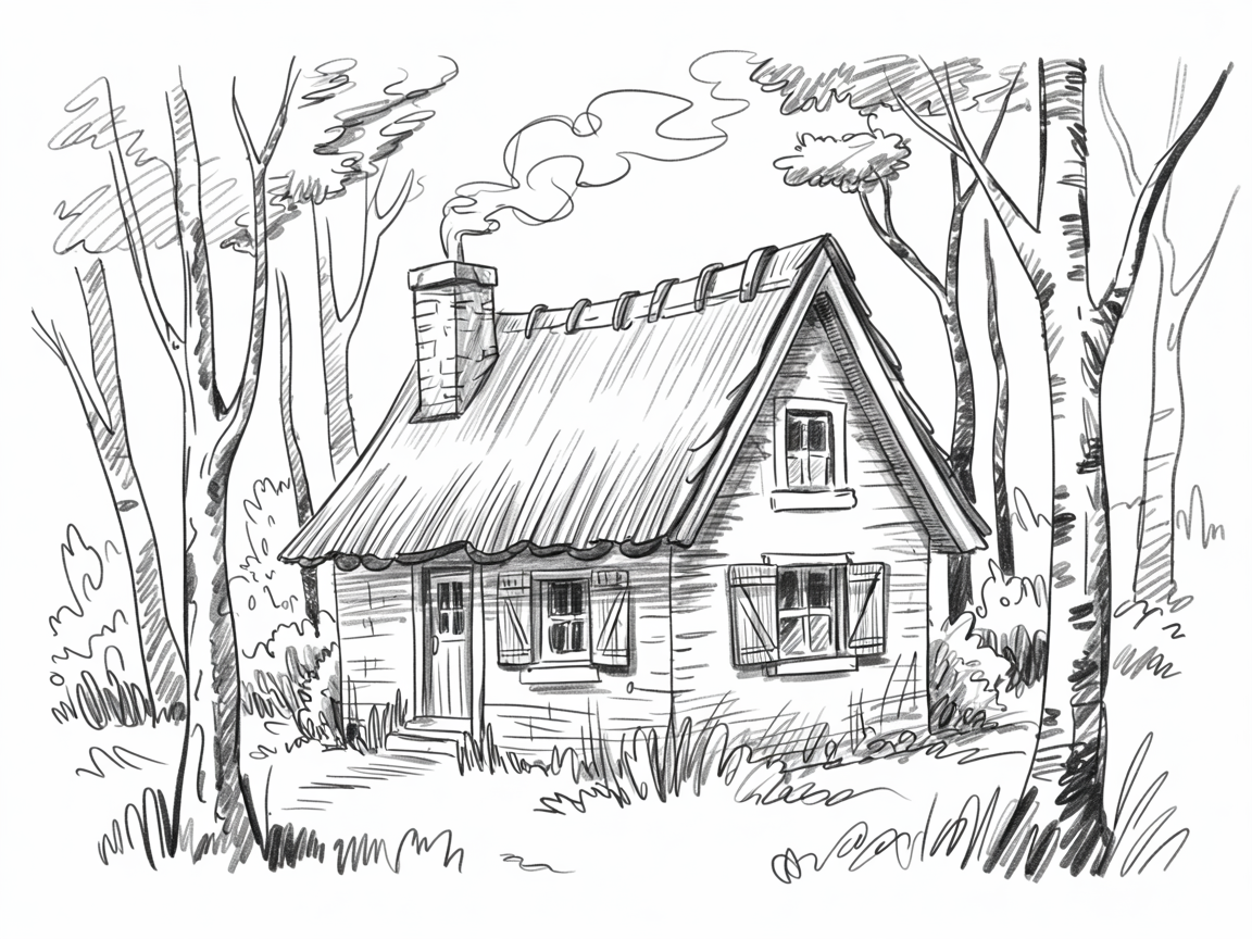 30x Unleash Your Imagination: Exciting Sketch Ideas Pen Enthusiasts Will Love 2025! 15 Sketch Ideas Pen a cozy ink drawing of a small cabin with a steep roof, chimney smoke, shuttered windows, and surrounding trees and grass.