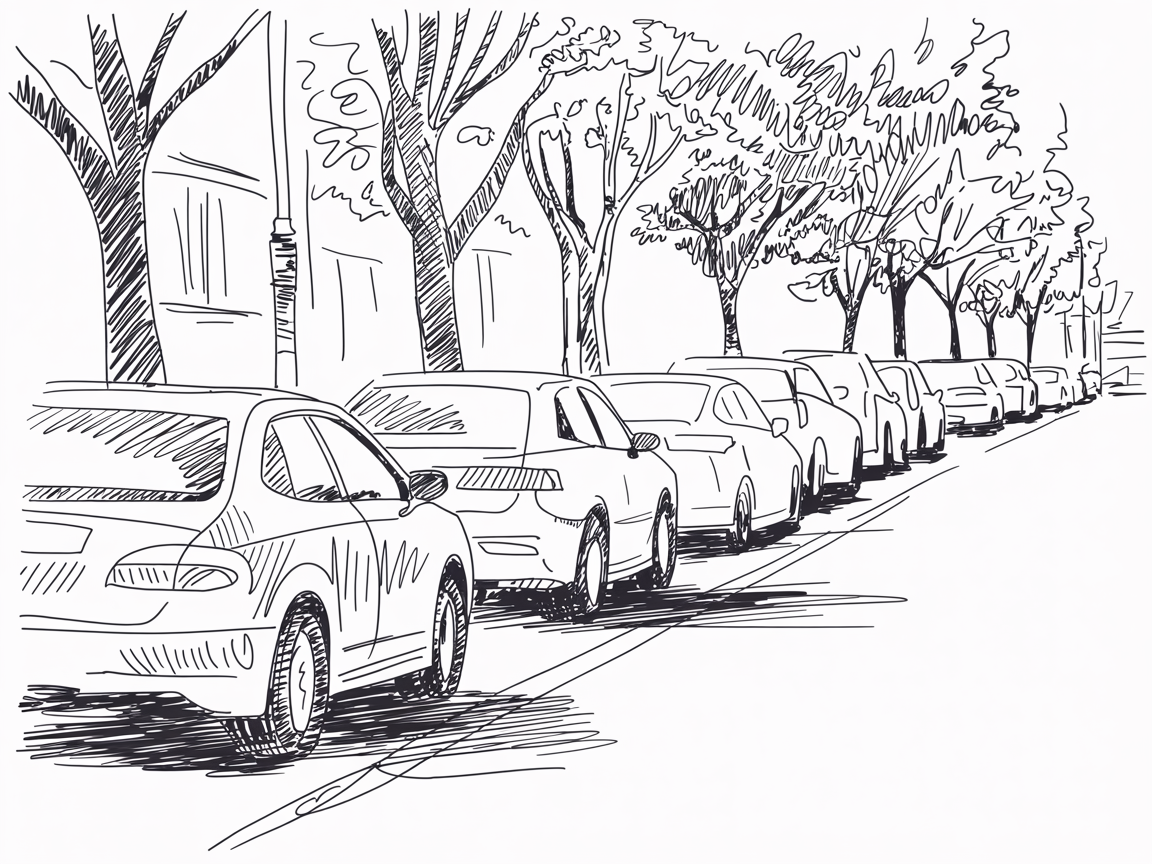 30x Unleash Your Imagination: Exciting Sketch Ideas Pen Enthusiasts Will Love 2025! 16 Sketch Ideas Pen a monochrome street sketch with a row of parked cars and leafy trees receding in one-point perspective.