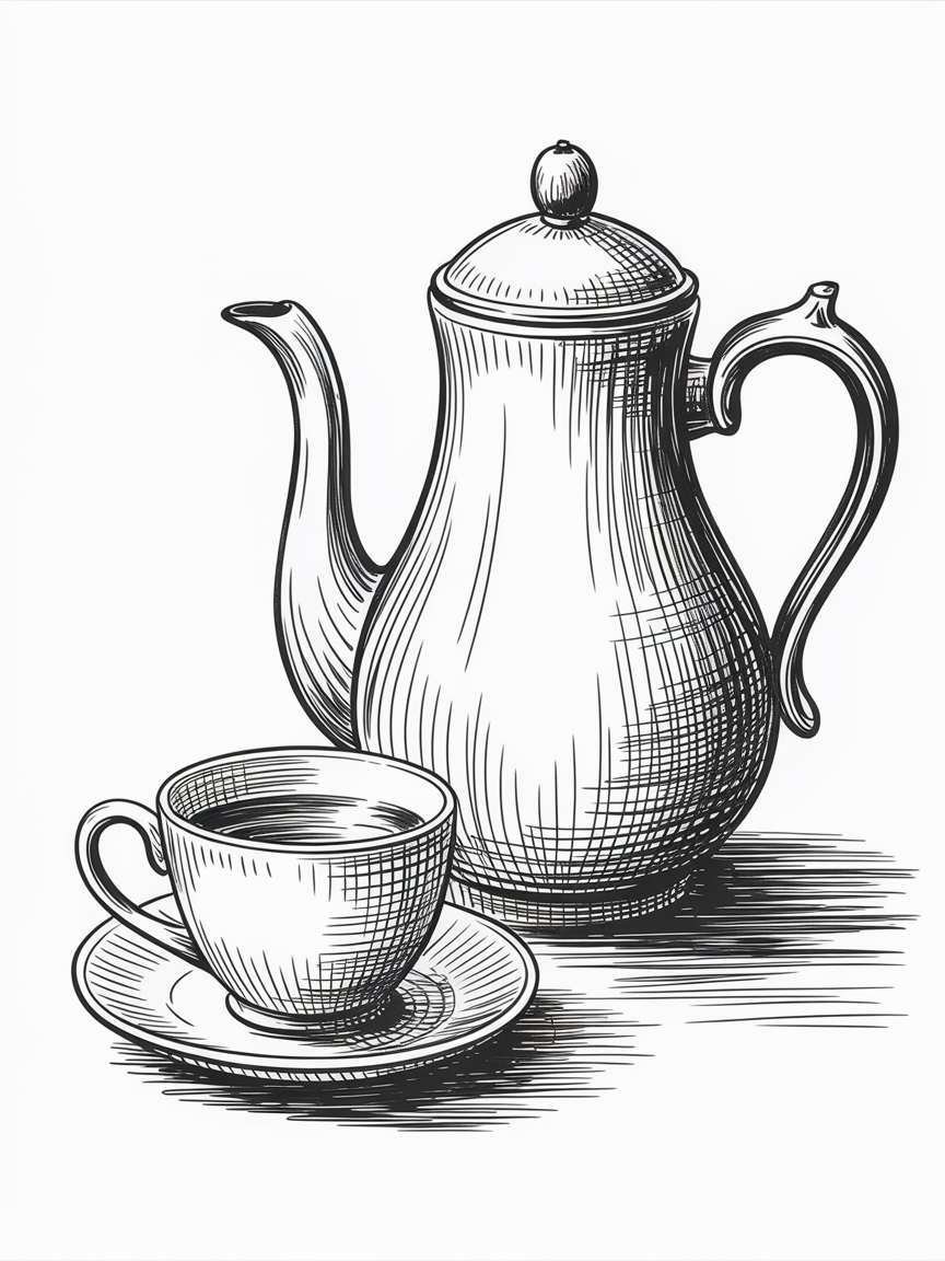 30x Unleash Your Imagination: Exciting Sketch Ideas Pen Enthusiasts Will Love 2025! 17 Sketch Ideas Pen: black and white ink drawing of a teapot and teacup on a saucer, shaded with cross-hatching and cast shadows on a clean white background.