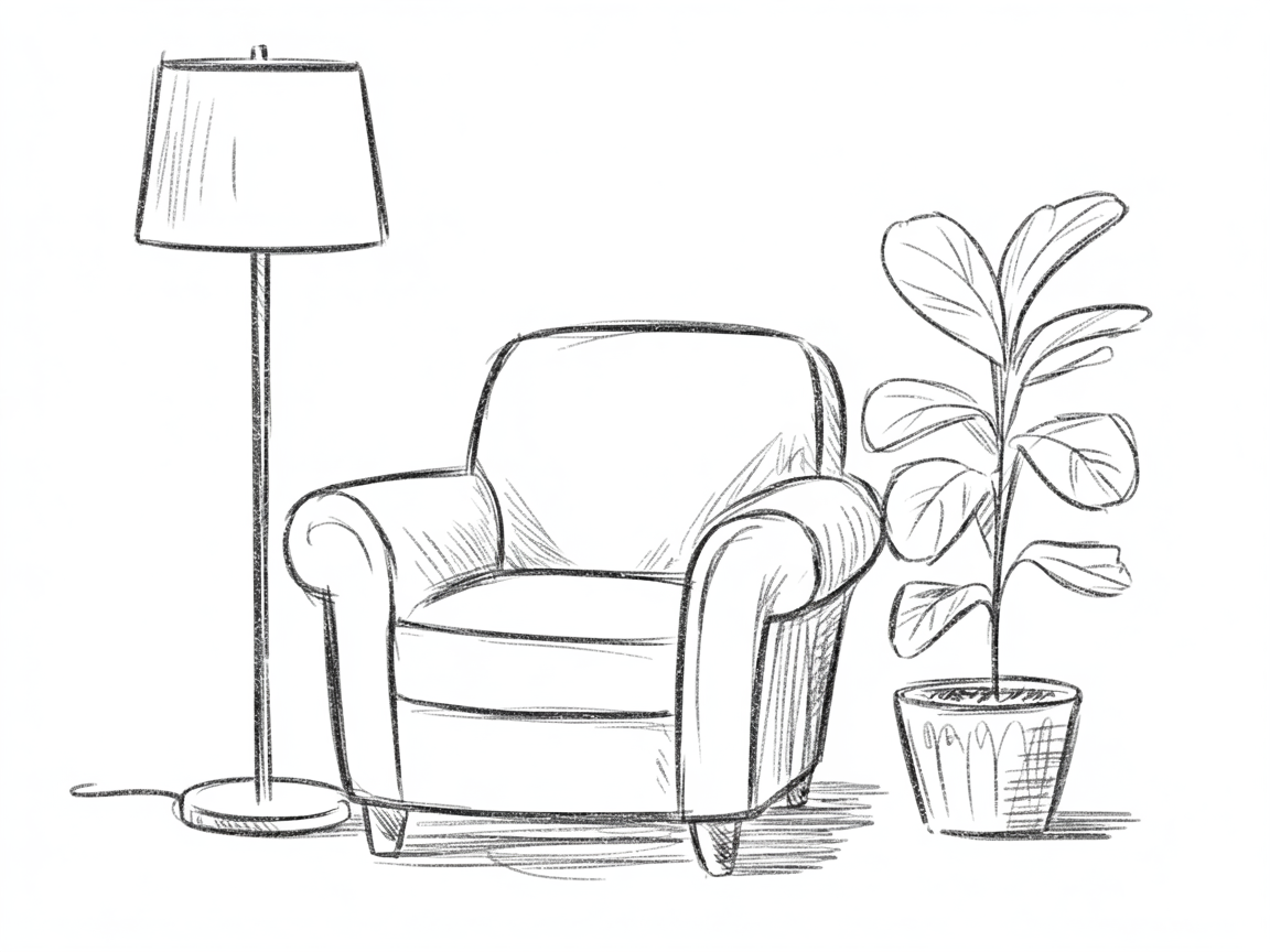 30x Unleash Your Imagination: Exciting Sketch Ideas Pen Enthusiasts Will Love 2025! 19 Sketch Ideas Pen cozy black and white sketch of an armchair between a floor lamp and a potted plant, with gentle hatching that suggests soft shadows.
