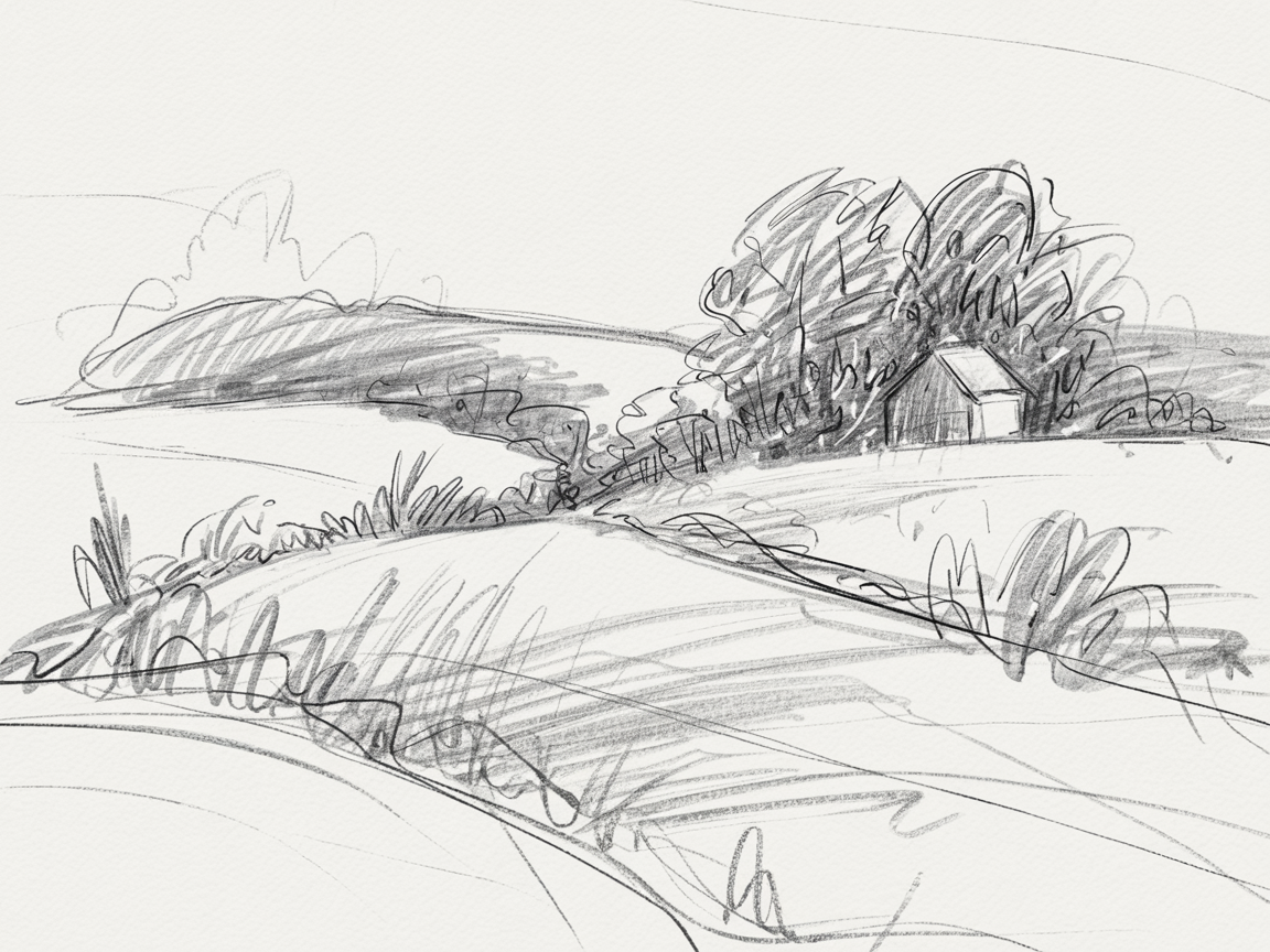 30x Unleash Your Imagination: Exciting Sketch Ideas Pen Enthusiasts Will Love 2025! 20 Sketch Ideas Pen, a loose pencil landscape of rolling hills with a winding path leading to a small cabin nestled among trees.