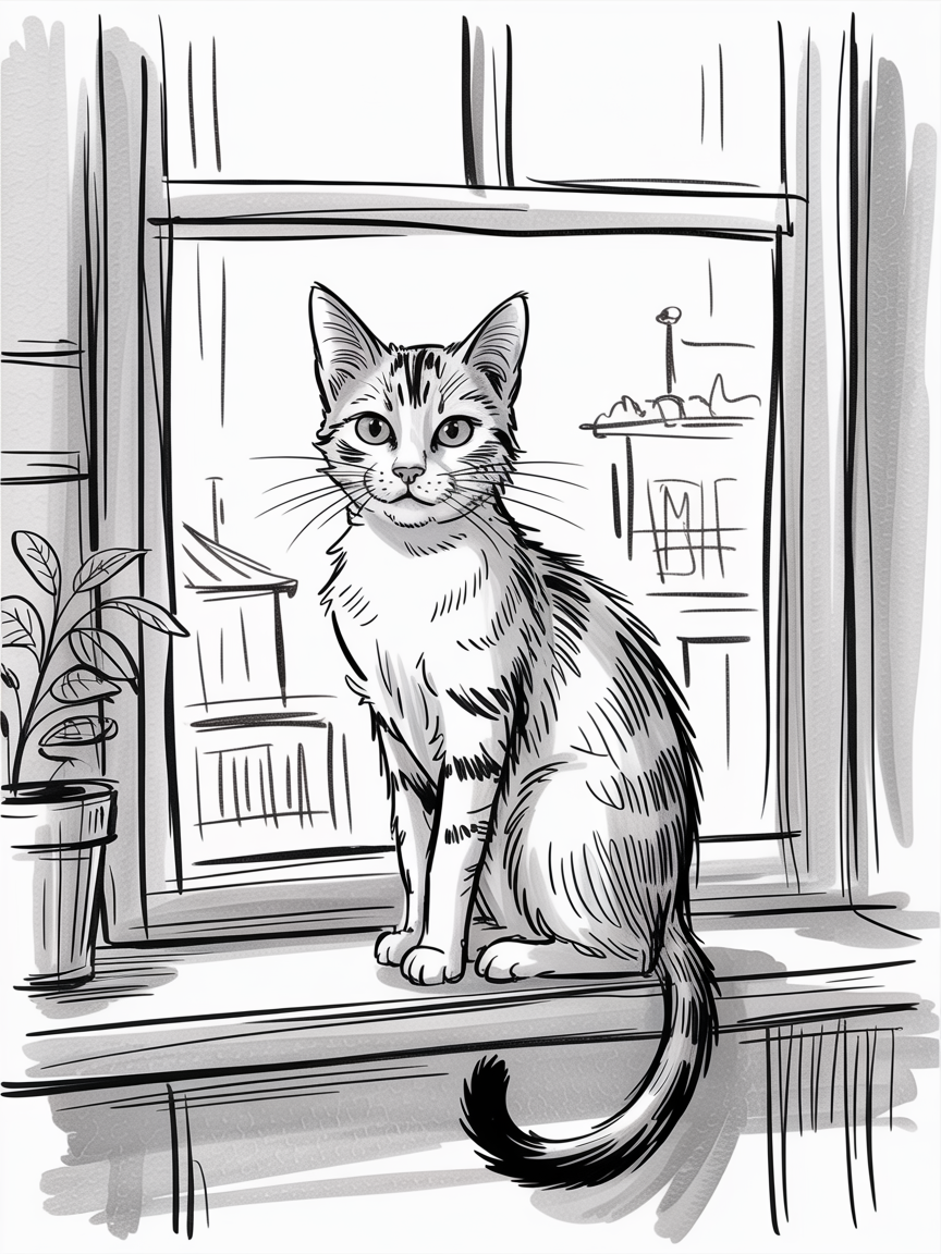 30x Unleash Your Imagination: Exciting Sketch Ideas Pen Enthusiasts Will Love 2025! 22 Sketch Ideas Pen, black-and-white drawing of a cat sitting on a windowsill with a small plant and rooftops seen through the window.