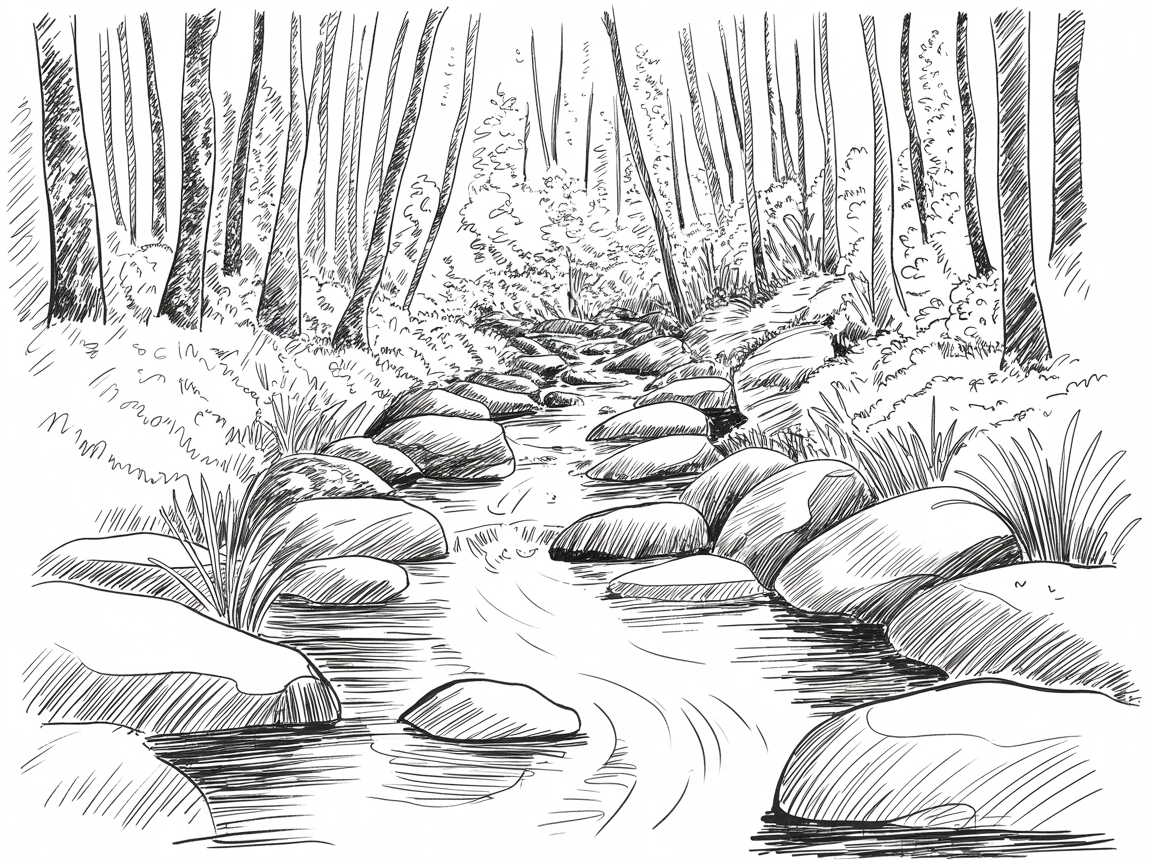 30x Unleash Your Imagination: Exciting Sketch Ideas Pen Enthusiasts Will Love 2025! 23 Sketch Ideas Pen, a black and white sketch of a forest creek with rounded rocks, tall tree trunks, and gentle water ripples.