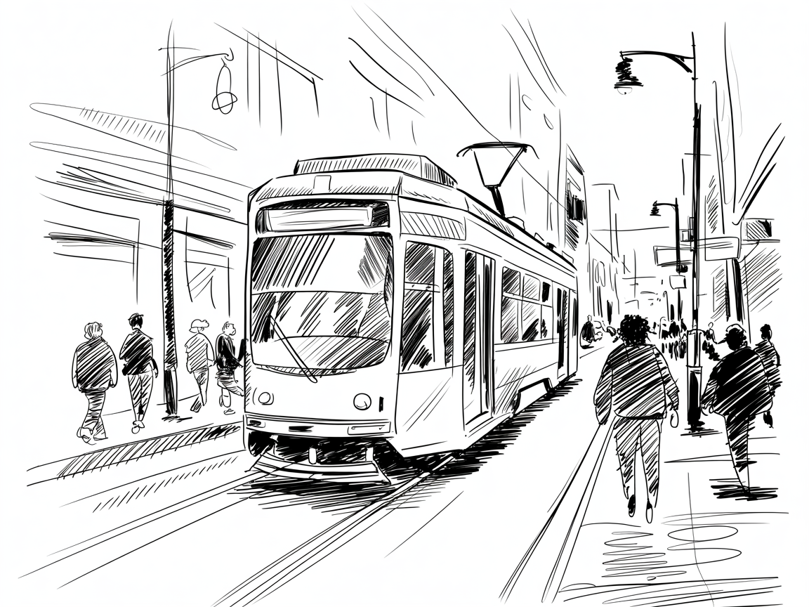 30x Unleash Your Imagination: Exciting Sketch Ideas Pen Enthusiasts Will Love 2025! 24 Sketch Ideas Pen, black and white line drawing of a modern streetcar on city tracks with pedestrians and lampposts receding in perspective.