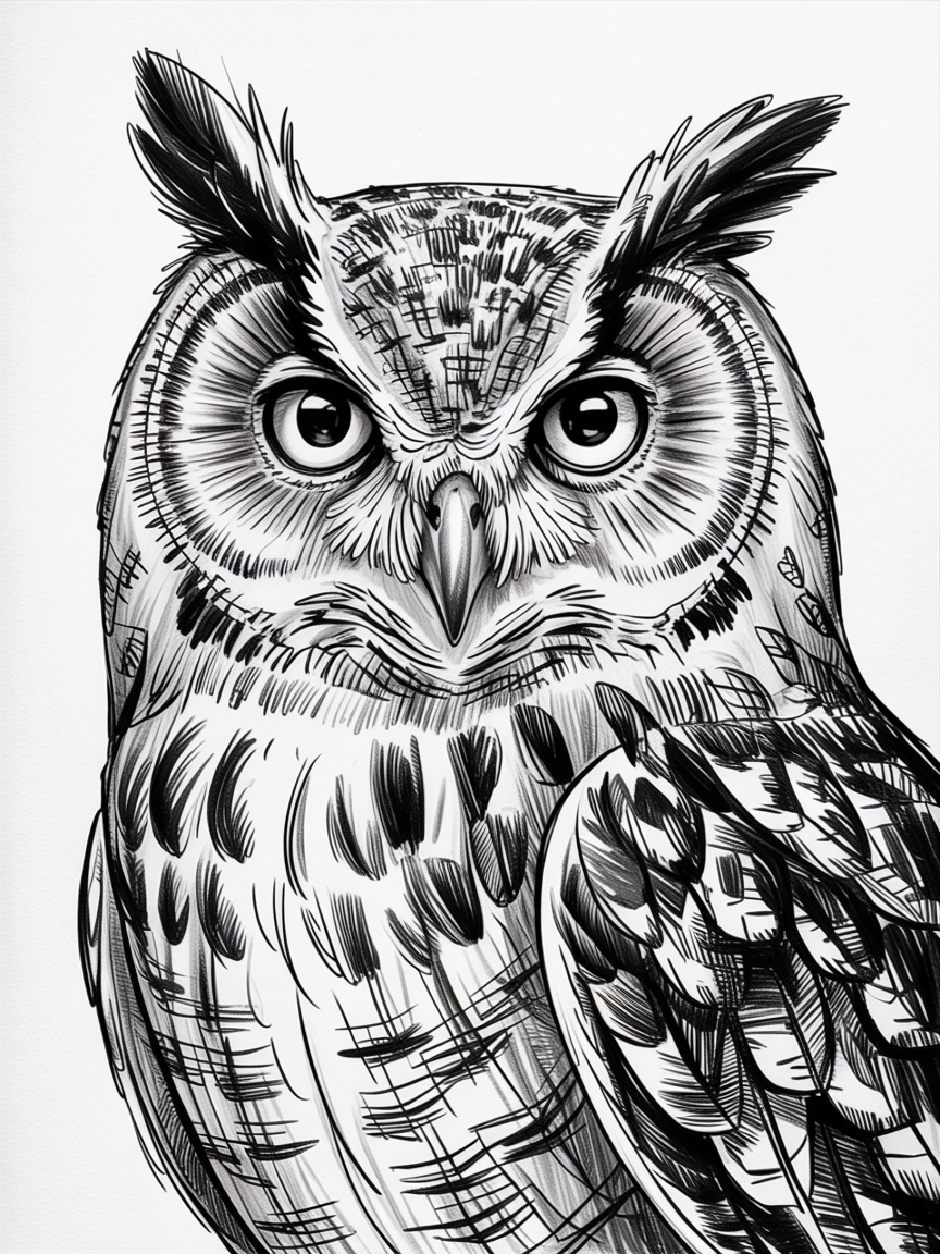 30x Unleash Your Imagination: Exciting Sketch Ideas Pen Enthusiasts Will Love 2025! 25 Sketch Ideas Pen close-up black and white ink drawing of an owl with bold linework, bright eyes, and detailed feather textures.