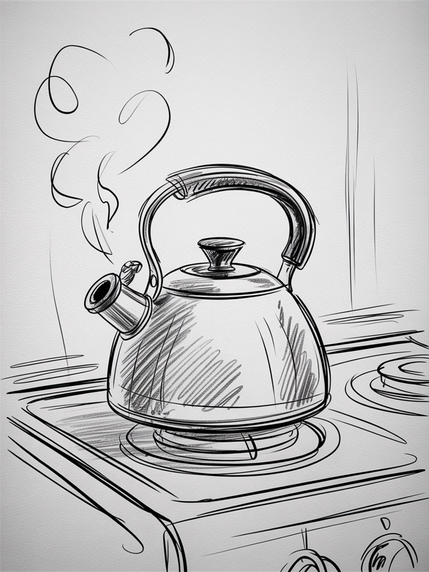 30x Unleash Your Imagination: Exciting Sketch Ideas Pen Enthusiasts Will Love 2025! 26 Sketch Ideas Pen, a black-and-white sketch of a steaming kettle on a stovetop with curling steam and simple burner coils.