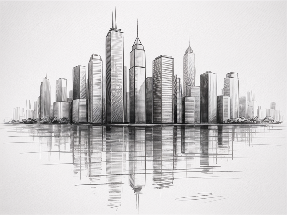 30x Unleash Your Imagination: Exciting Sketch Ideas Pen Enthusiasts Will Love 2025! 27 Sketch Ideas Pen, monochrome city skyline reflected on calm water with varied tower shapes and crisp linework.