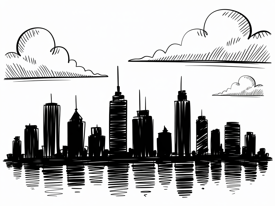 30x Unleash Your Imagination: Exciting Sketch Ideas Pen Enthusiasts Will Love 2025! 29 Sketch Ideas Pen city skyline in black ink with rippled water reflections and lightly hatched clouds.