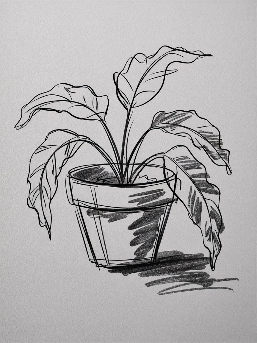 30x Unleash Your Imagination: Exciting Sketch Ideas Pen Enthusiasts Will Love 2025! 31 Sketch Ideas Pen, a loose line drawing of a potted plant in a simple pot with varied line weight and scribbled shadows on textured paper.