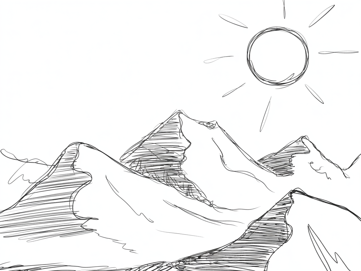 30x Sketch Ideas Easy: Quick and Creative Ideas for Instant Inspiration 2026 3 Sketch Ideas Easy, a simple line drawing of layered mountain peaks under a bright sun with loose hatching for shadows.