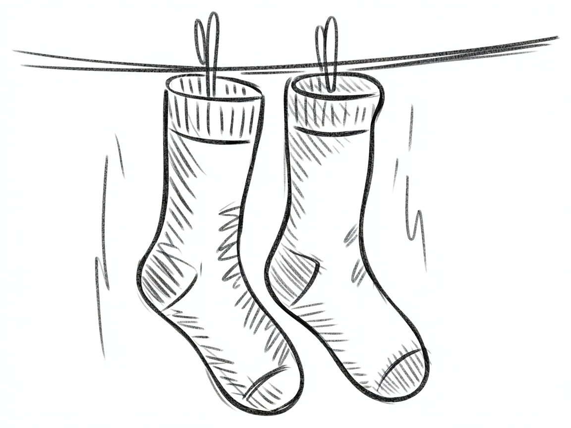30x Sketch Ideas Easy: Quick and Creative Ideas for Instant Inspiration 2026 5 Sketch Ideas Easy two simple socks hanging from a clothesline with small clips, outlined in dark pencil with light hatching for texture.