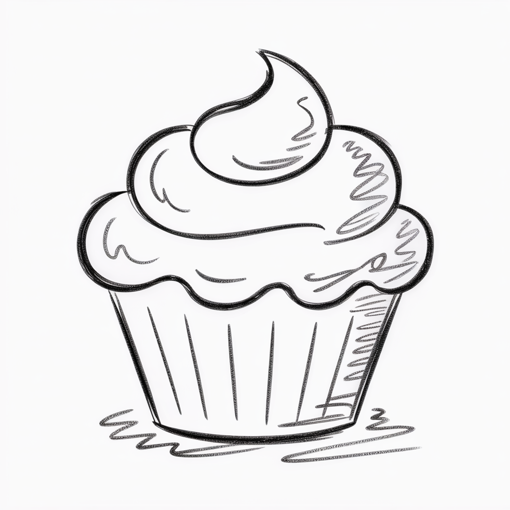 30x Sketch Ideas Easy: Quick and Creative Ideas for Instant Inspiration 2026 7 Sketch Ideas Easy, a simple black-and-white line drawing of a cupcake with swirled frosting and a ridged paper wrapper on a white background.