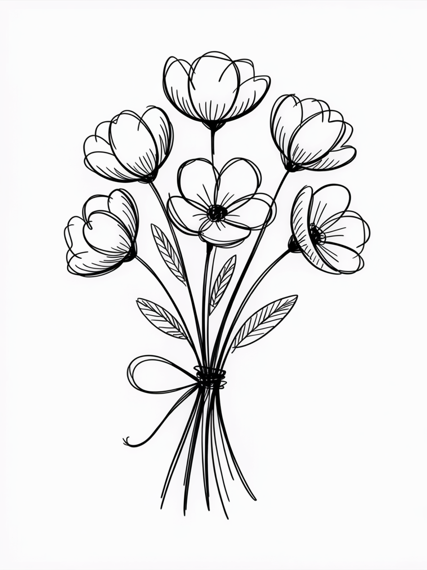 30x Sketch Ideas Easy: Quick and Creative Ideas for Instant Inspiration 2026 8 Sketch Ideas Easy: simple black line art of a bouquet of flowers with leaves, tied with a ribbon on a white background.