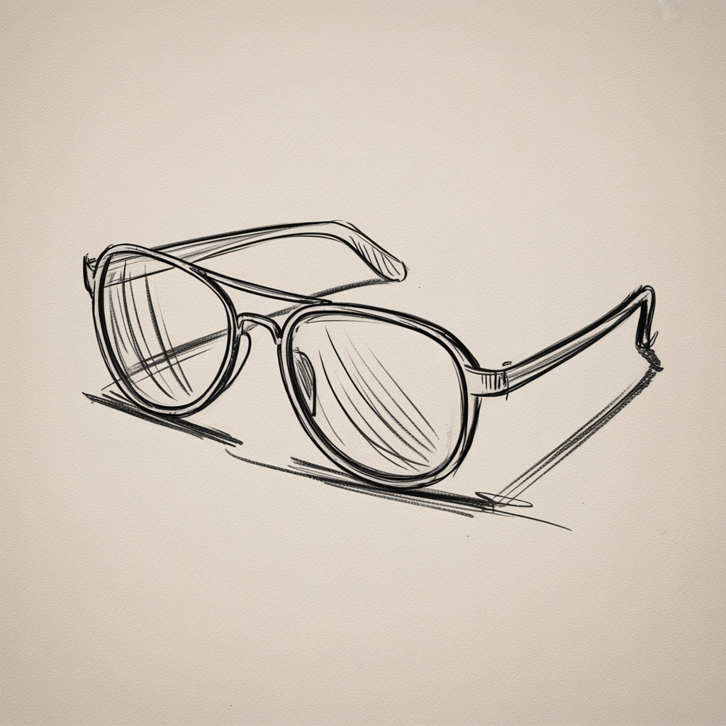 30x Sketch Ideas Easy: Quick and Creative Ideas for Instant Inspiration 2026 9 Sketch Ideas Easy, a minimalist line drawing of eyeglasses with gentle reflections and a soft cast shadow on textured paper.