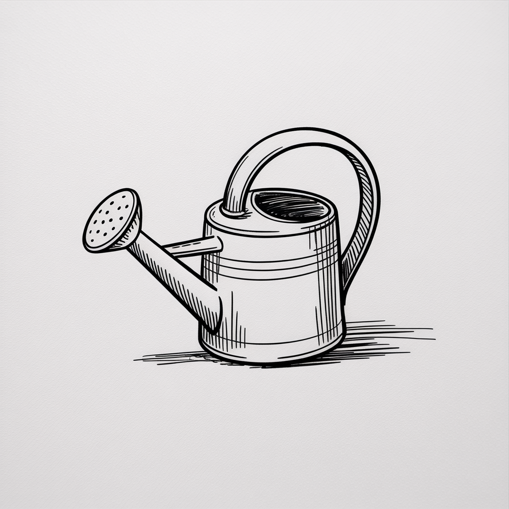 30x Sketch Ideas Easy: Quick and Creative Ideas for Instant Inspiration 2026 10 Sketch Ideas Easy: black-and-white line drawing of a watering can with a curved handle and spout, cross-hatched shading, and simple ground lines on a plain background.