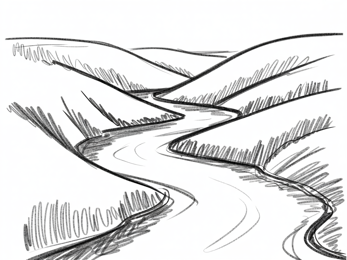 30x Sketch Ideas Easy: Quick and Creative Ideas for Instant Inspiration 2026 11 Sketch Ideas Easy: a black and white pencil sketch of a winding river curving through rolling hills, with hatched textures and bold contour lines.